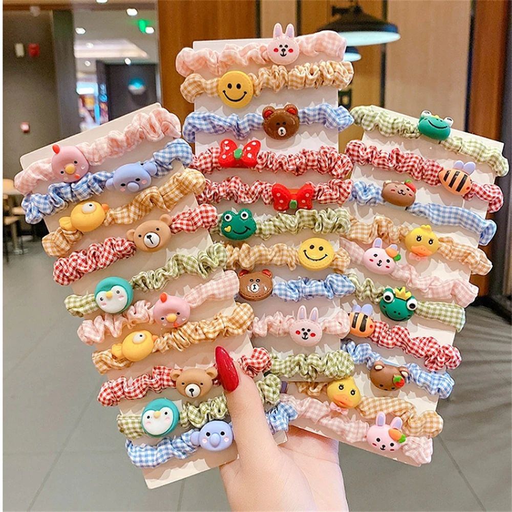 

10Pcs/Set Elastic Cartoons Scrunchie Fabric Plaid Hair Rope For Baby Cute Girl Ponytail Holder Hair Bands Headwear Accessories