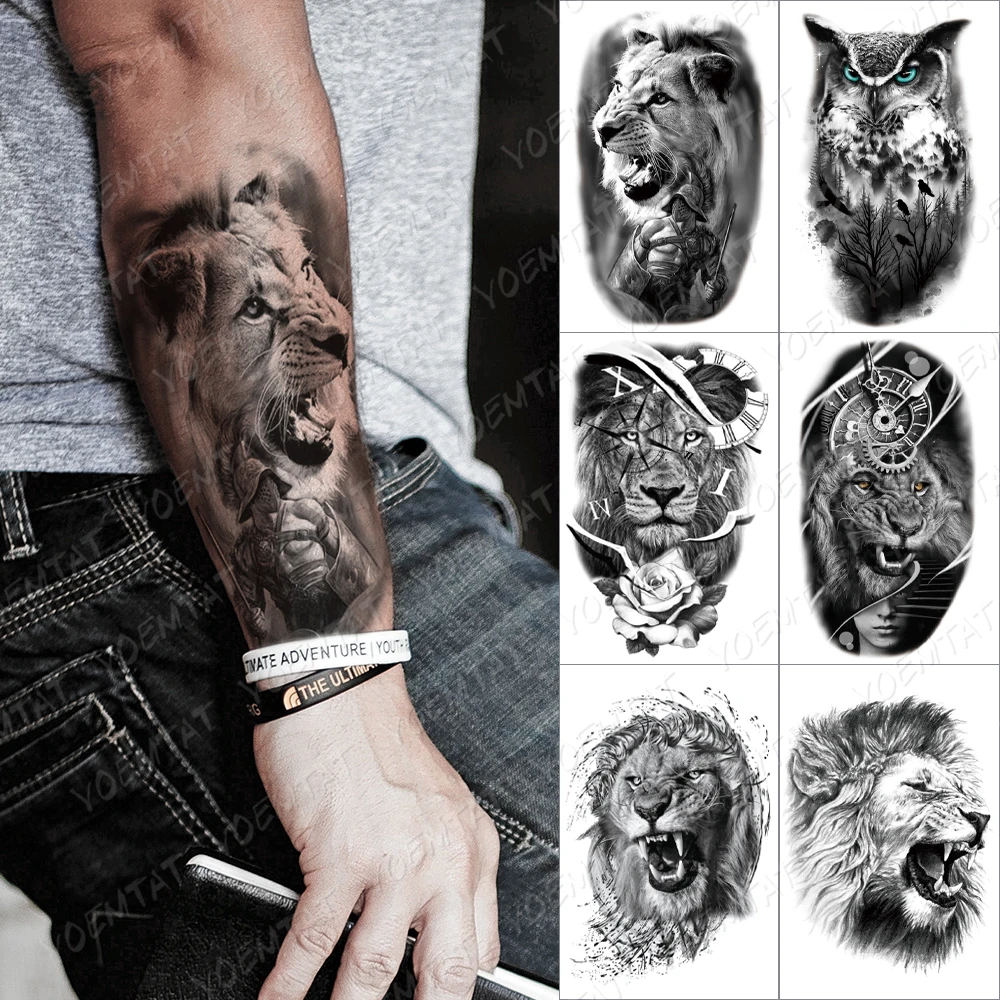 

Clock Lion Gear Temporary Tattoo Sticker For Men Women Rose Owl Wolf Waterproof Fake Henna Tiger Animal Body Art Tatoo