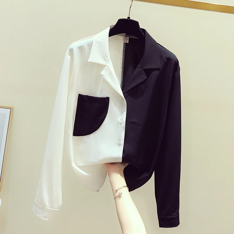 Women Tops Promotion Polyester Regular Pockets Full Blouse Blusa 2020 New Women's Shirt Matching Design Chiffon V-neck Sleeve | Женская