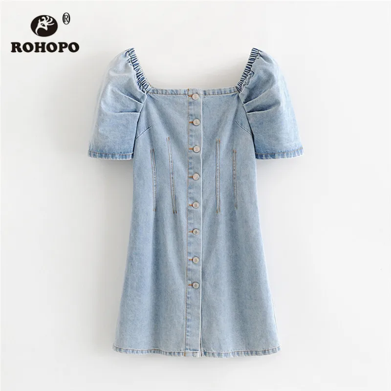 ROHOPO небесно голубое женское мягкое Ретро джинсовое платье с пышными рукавами и