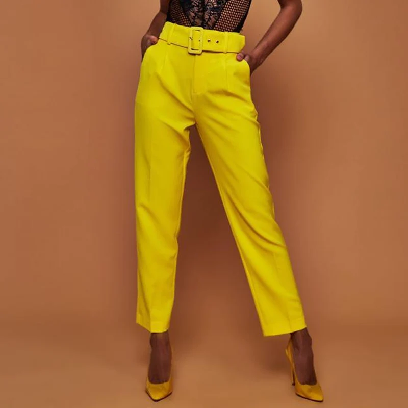 

Office Elegant Belt Suit Straight Pants Spring Women Solid Fashion High Waist Trousers Autumn Casual Pocket Lady Pant Streetwear