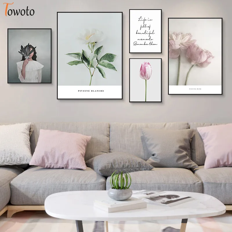Розовый и цветочным рисунком Penoy для холст картины Nordic плакат 50x70 девушке
