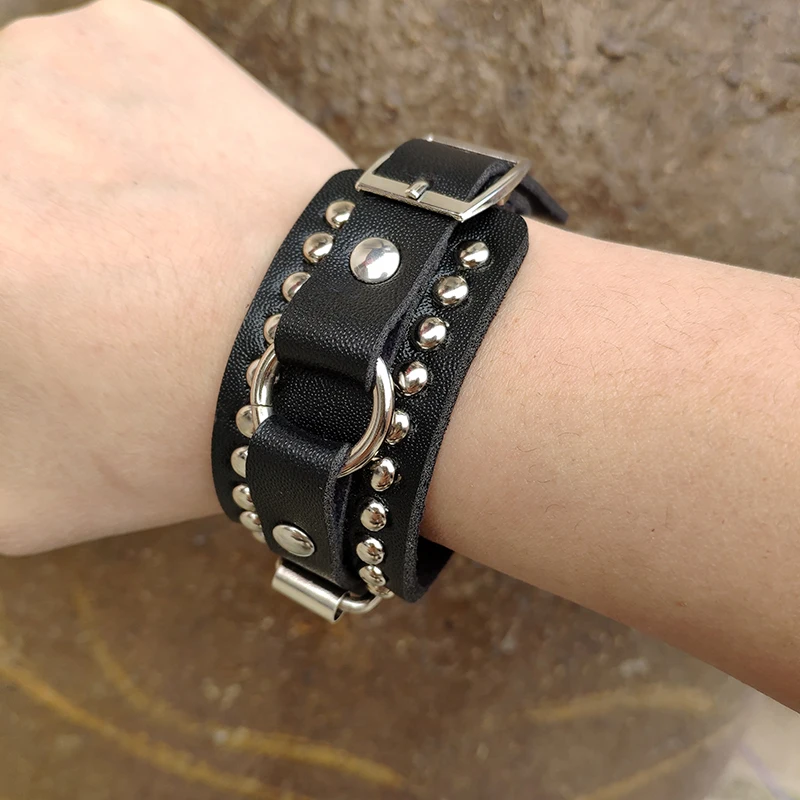 

Black Leather Wristband Cuff Bracelet Gothic Punk Women Men Emo Metal Armbands Wrist Jewelry cosplay Goth Accessories