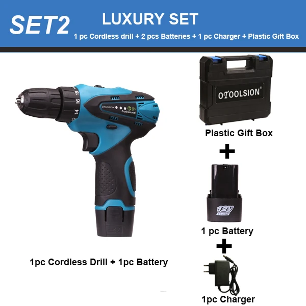 SET2 (2 pc battery) 12 В Электрическая отвертка дрель 18+ 1 беспроводная дрель перезаряжаемая отвертка электрическая беспроводная дрель с переменной скоростью - Цвет: SET2 (2 pc battery)