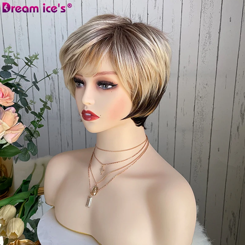 Короткий синтетический парик с волнистыми прямыми волнами и челкой блонд дрок