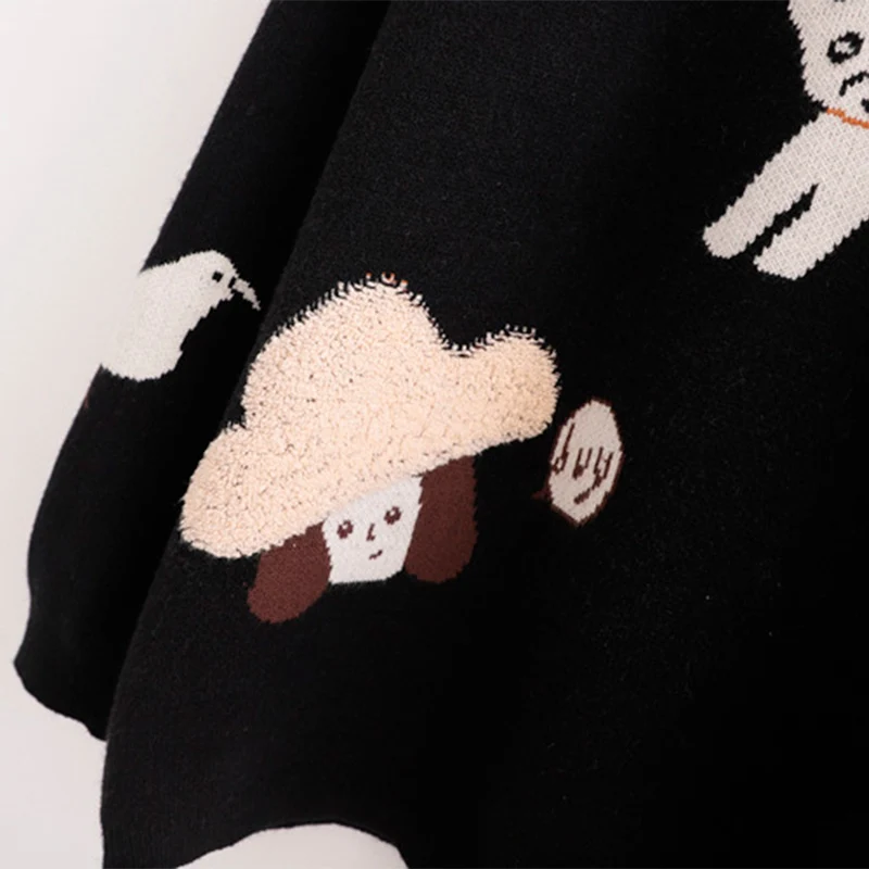 

Cartoon Print Women's Sweater Knitted O-neck Long Sleeve Pullovers Female 2021 Autumn New Black Loose Ladies Sweaters Top Women