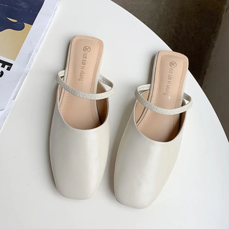 

Cover Toe Mules For Women 2021 Low Loafers Shoes Slippers Flat Pantofle Slides Square Soft New Basic Hoof Heels PU Rubber Rome