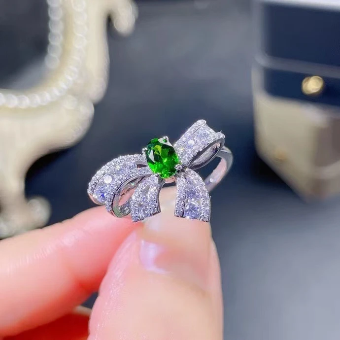 Elegant Chrome Diopside Ring for Party 4mm*6mm Natural Diopside Silver Ring Solid 925 Silver Diopside Jewelry