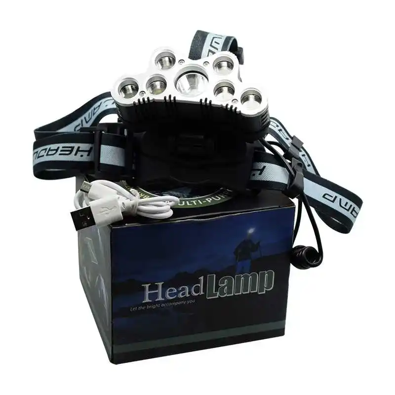 

Powerful Rechargeable Headlight 5*T6+2*XPE Q5 Head Lamp Waterproof 6 Modes Head Flashlight with 18650 Battery+Charger+USB Cable