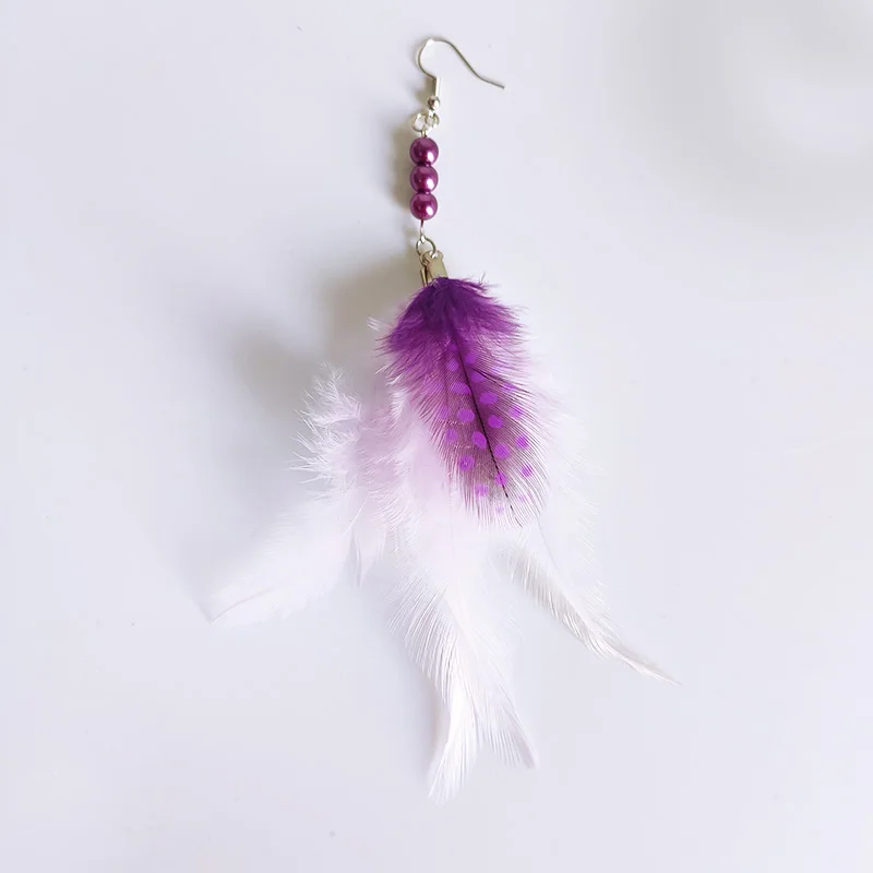 Cpop Boho Purple White Feather Earrings for Women Girl Beads Fashion Statement Ethnic Jewelry Accessories Gifts | Украшения и