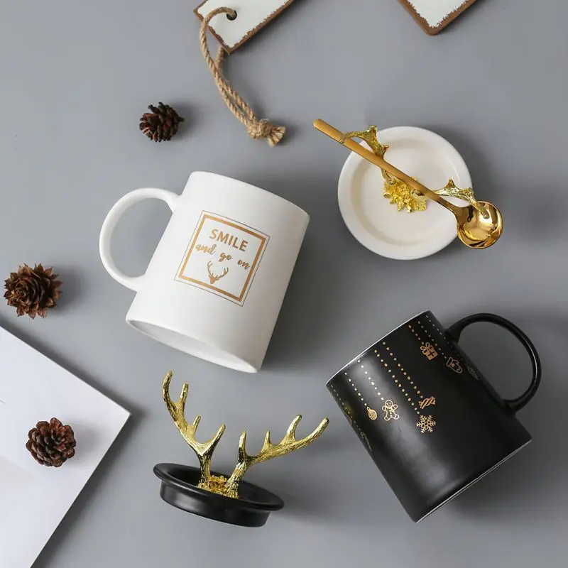 

360ML Ceramic Coffee Mugs Cute Antlers Concise Pattern Cup Household Coffee Mike Office With Cover & Spoon Drinkware