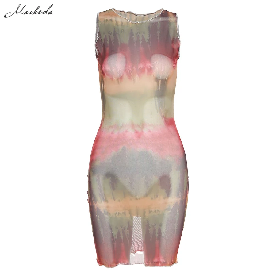 

Macheda Summer Sexy Mesh Slim Dress Women Fashion Printing Sleeveless O Neck Clothing Lady Casual Mini Dresses 2021 New