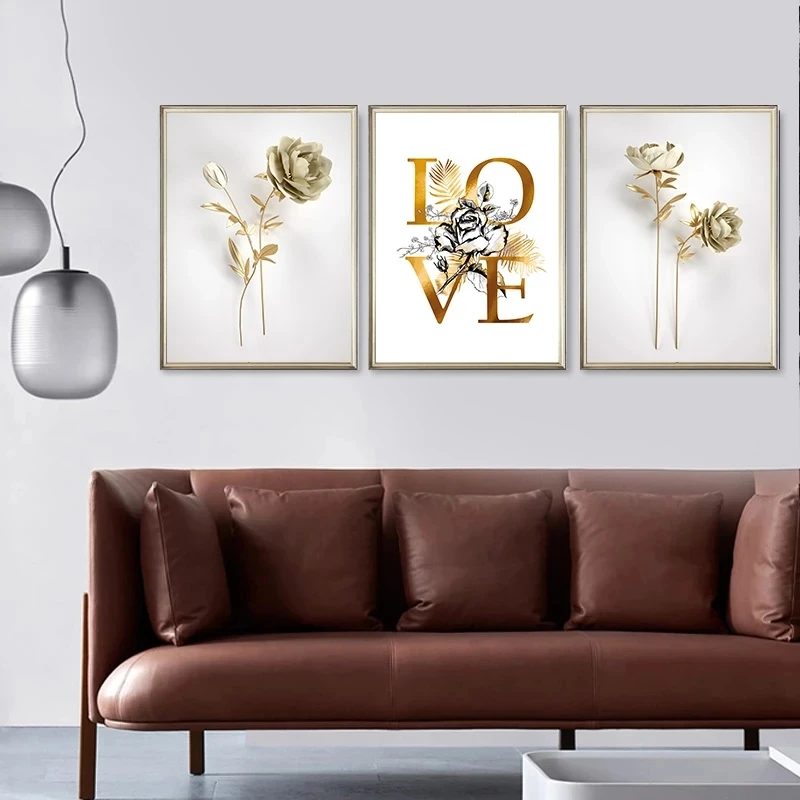 

Home Decor Gold Flower Picture Wall Art Canvas Painting Modern Abstract Luxury Art Posters and Prints for Living Room Design
