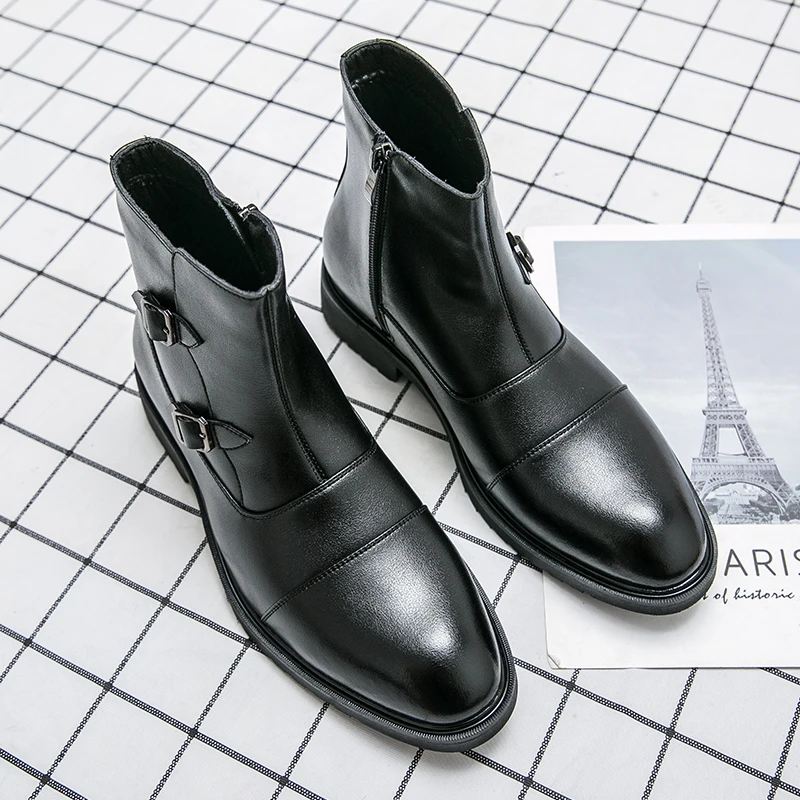 

Мужские классические ботинки челси, черные ботинки из искусственной кожи с трехступенчатыми кнопками и боковой молнией, повседневные боти...