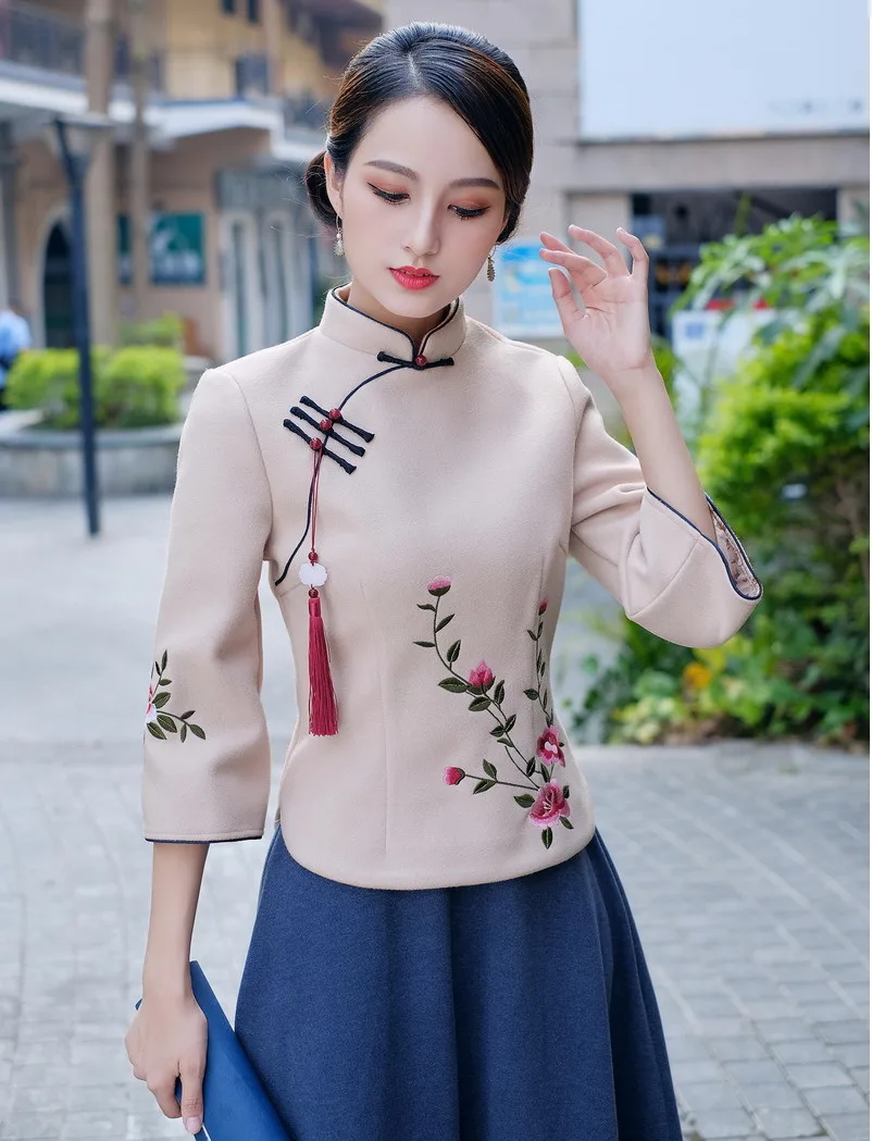 Sheng Coco Woolen Chinese Blouse Coat LadiesTraditional Chinese Shirts Embroidery Blouses Woolen Suit Classic Blue Suit