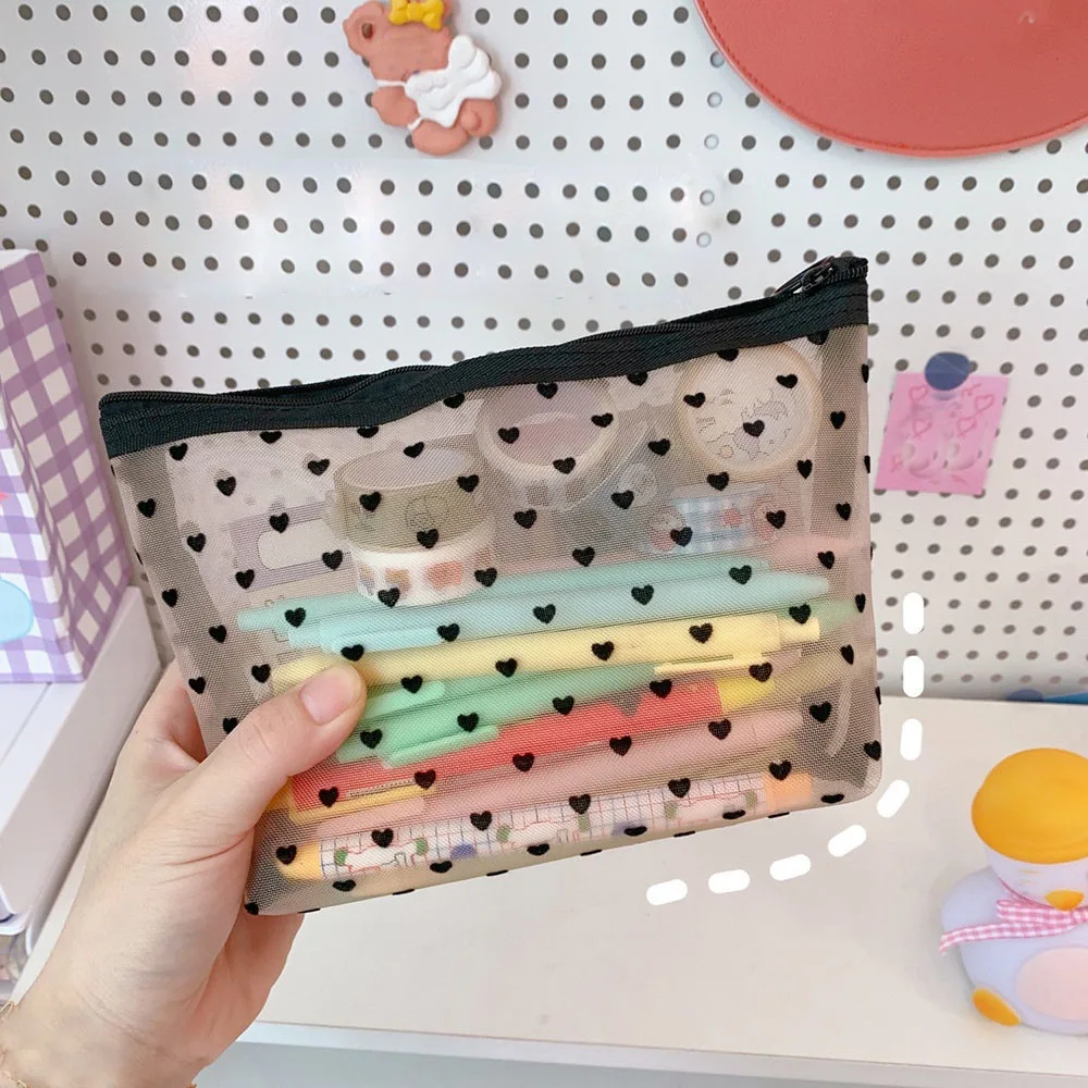 Mesh Cosmetic Makeup Bags Case Holder Cute Transparent Zipper Black Heart Printed Pencil Pen Pouch Convenient To Carry | Дом и сад