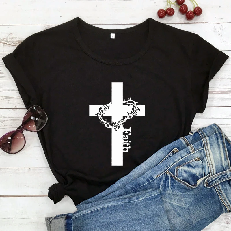 

Christian Cross Faith T-shirt Aesthetic Jesus Inspirational Bible Top Tee Shirt Vintage Women Graphic Religion Tshirt