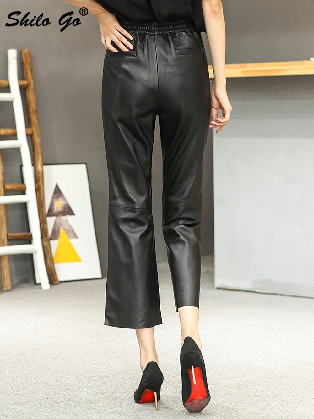 

Elegant High Street Small Flare Pants Womens Winter Office Lady High Waist Genuine Leather Pants Button Solid Sheepskin Trousers