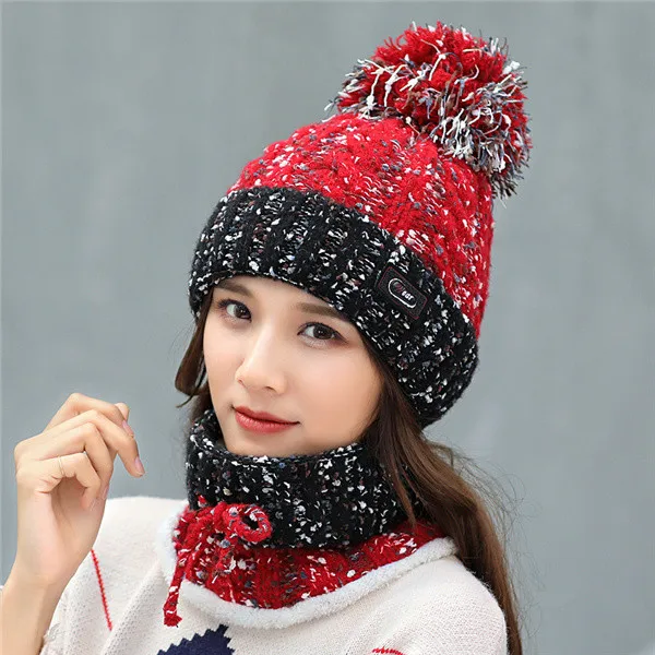 Red 1 set Женская зимняя шапка, лыжный бренд, большие Меховые помпоны, вязаные шапки, шарф, шапка, набор, зимняя женская шапка, теплая шапка Skullies, женская шапка - Цвет: Red 1 set