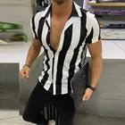 Летняя полосатая рубашка с принтом, Мужская сексуальная рубашка с отворотом и коротким рукавом, пляжные топы, стильные крутые рубашки для мужчин, Camisa Masculina, уличная одежда