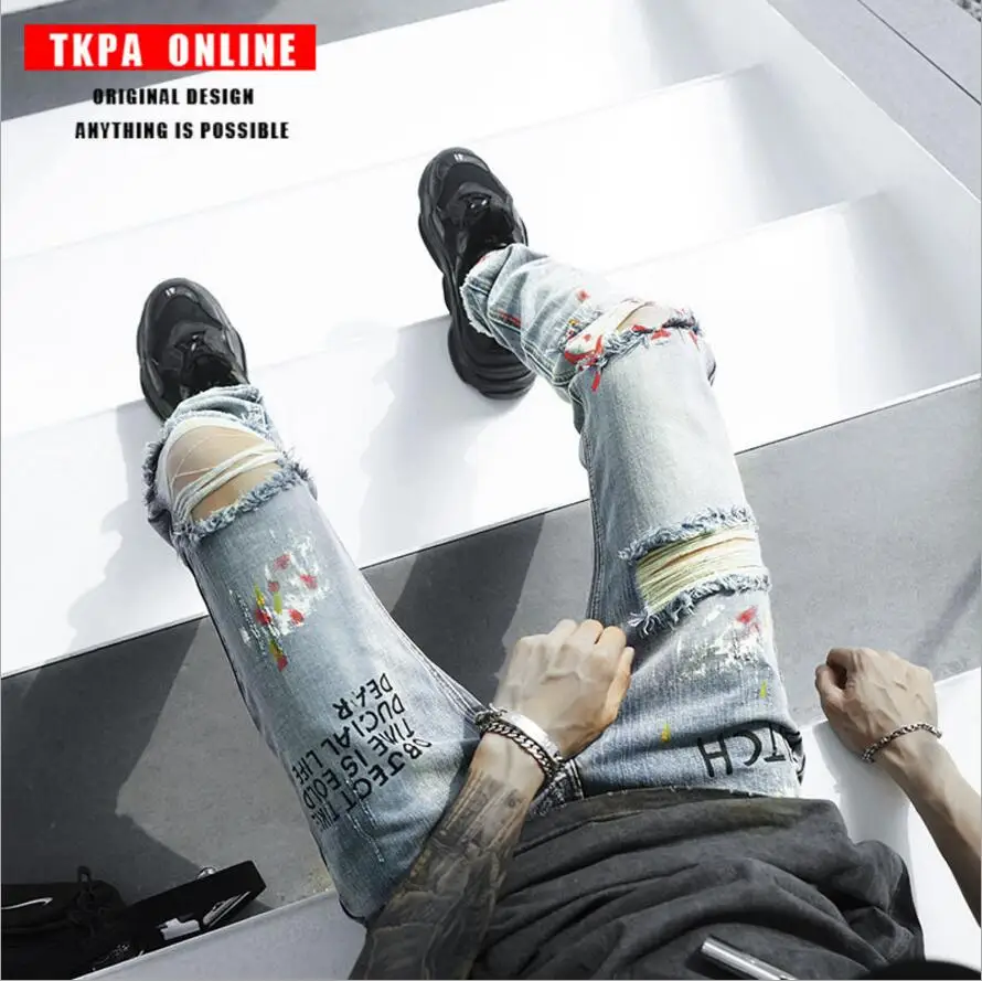 2019 новые оригинальные уличные рваные джинсы с граффити в Корейском стиле GD high street