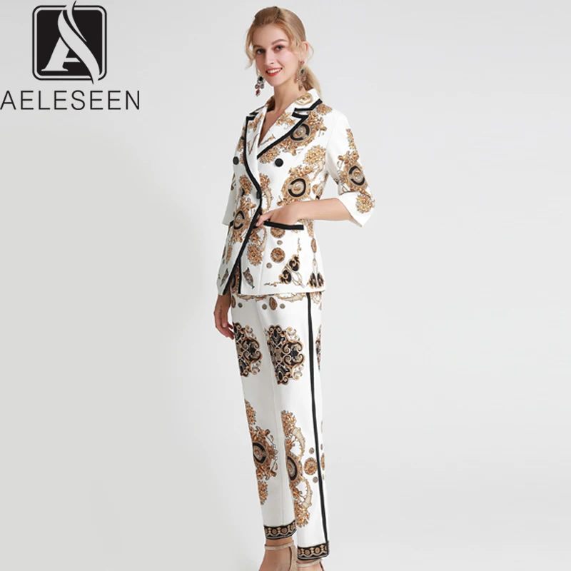 AELESEEN женский костюм-Двойка для офиса, новинка, двубортный жакет с рукавом три четверти, топ+ штаны длиной до щиколотки, винтажный костюм с принтом
