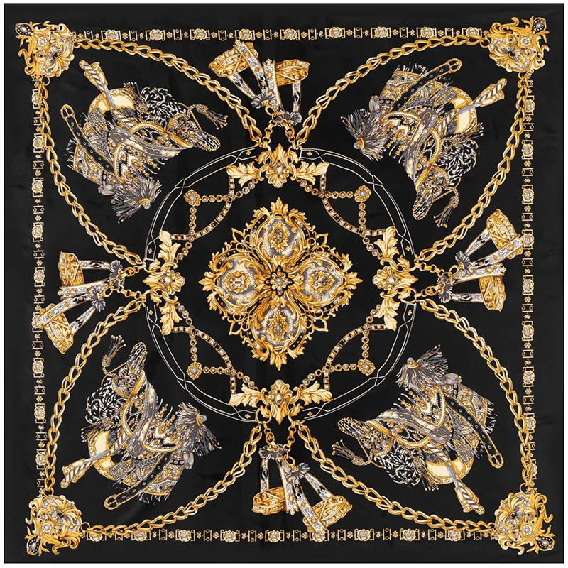 

POBING 100% Silk Scarf Women Large Shawls Saddle Chain Stoles Square Bandana Luxury Kerchief Hijab Scarf Female Foulards 130CM