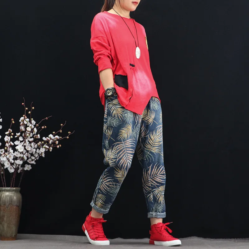 Женские джинсы с принтом винтажные свободные широкие эластичной резинкой на