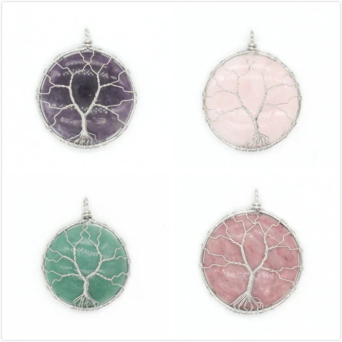 

FYJS Unique Silver Plated Wire Wrap Tree of Life Amethysts Round Pendant Tiger Eye Stone Jewelry