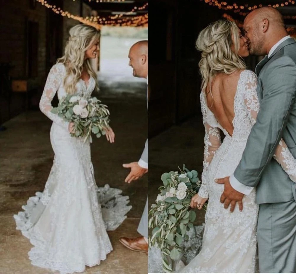 

2021 Vintage Bohemian Mermaid Wedding Dresses Modern Long Sleeve V-neck Backless Countryside Wedding Dress Bride Gown