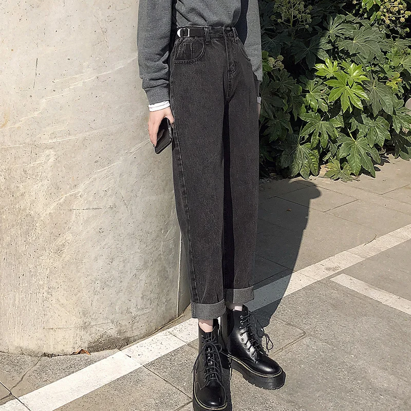 

Women High Waist Straight Dad Jeans Lady Students Spring Wide Legs Length Harem Pants Female Jeansy Cropped Leggings Trousers