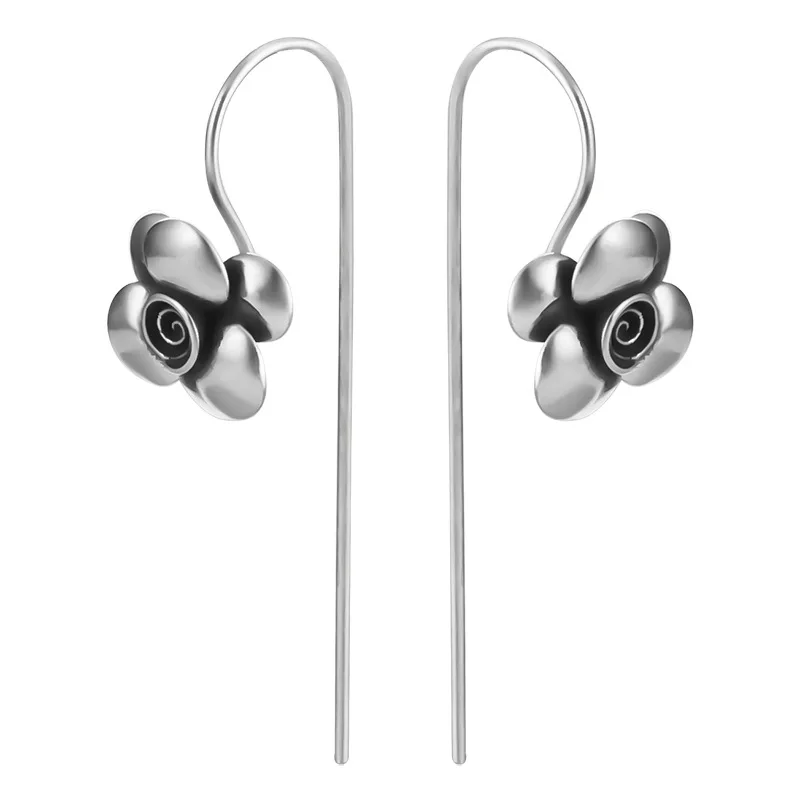 

925 Sterling Silver Retro Roses Long Earrings For Women Do The Old Ethnic Style Female Vintage Jewelry Flyleaf 2021 New