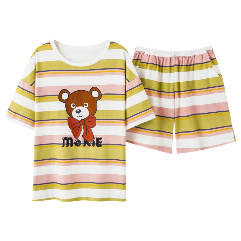 

Fashion Korean Refresh Green Stripe Summer Women's Pajamas Sets Cartoon Print Cute Girls Sleepwear Cotton Short Sleeve Homewear