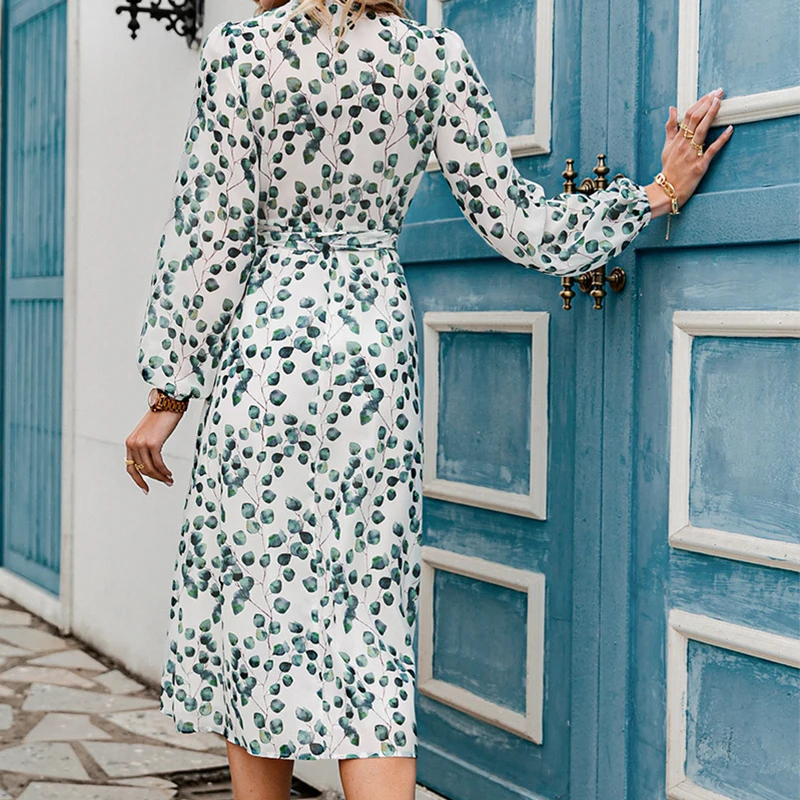 

Hot Selling Ladies Dress Elegant V Neck Floral Lace Up Midi Dress Long Sleeve Autumn Wrap Dress Sexy Side Split Office Long Robe