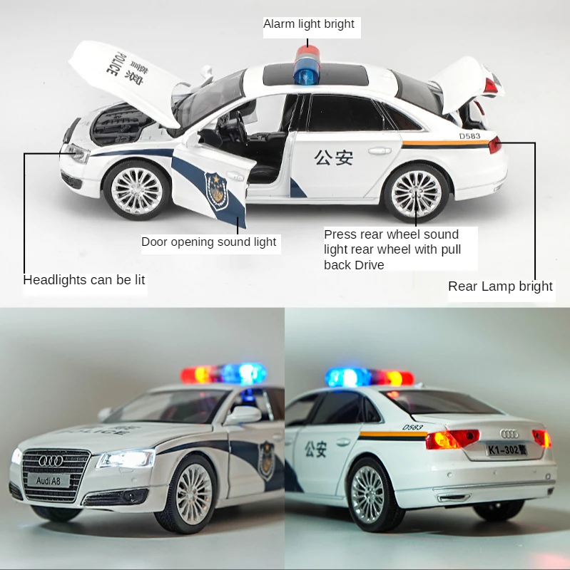 

1:32 Audi A8 Police Car Model High Simulation Alloy Car with Sound Light Pull Back Kid Toy Holiday Gifts