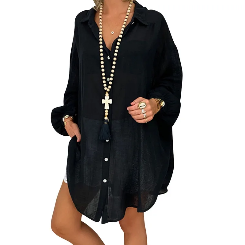 Женская льняная однобортная рубашка на пуговицах Свободная Повседневная