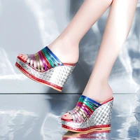 2021 new rainbow slope heel sandals womens summer leather inside muffin thick sole super high heel sandals shoes 11cm