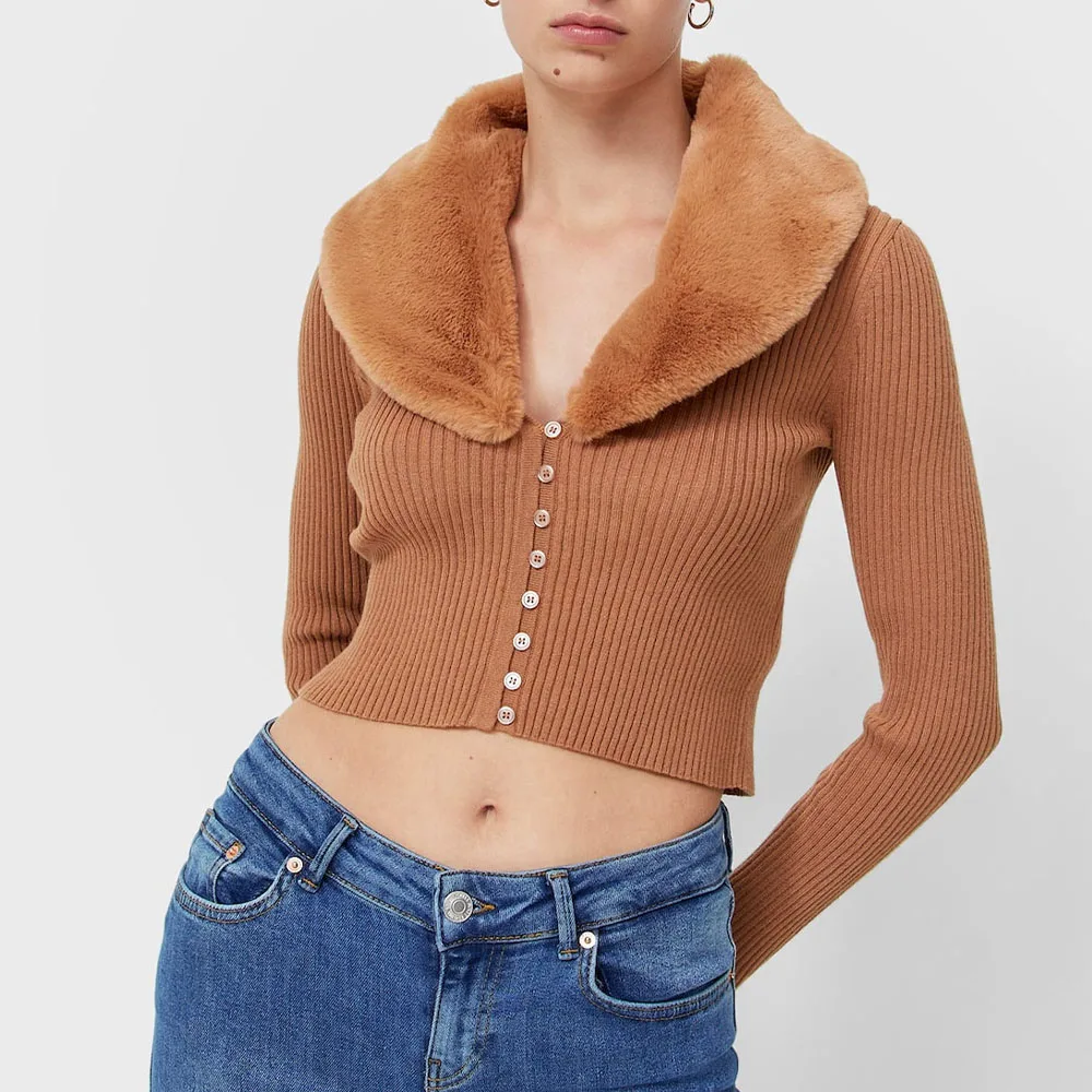 

Укороченный топ для осени и зимы, Женский вязаный кардиган, свитер, новый облегающий Однотонный свитер с меховым воротником и длинными рука...