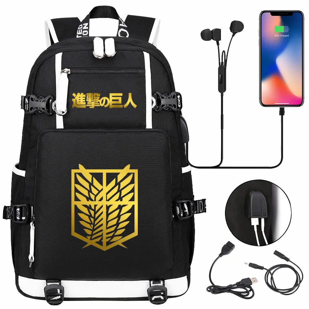 

2021 New Anime Attack On Titan USB Boy Girl School Bag Large Capacity Teenagers Students Schoolbags Women Men Travel Backpack