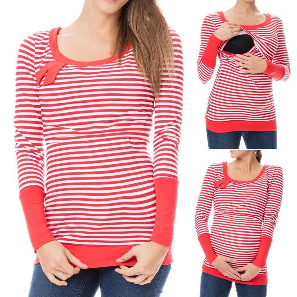Новая модная женская блузка для кормления с круглым вырезом и полосатым принтом