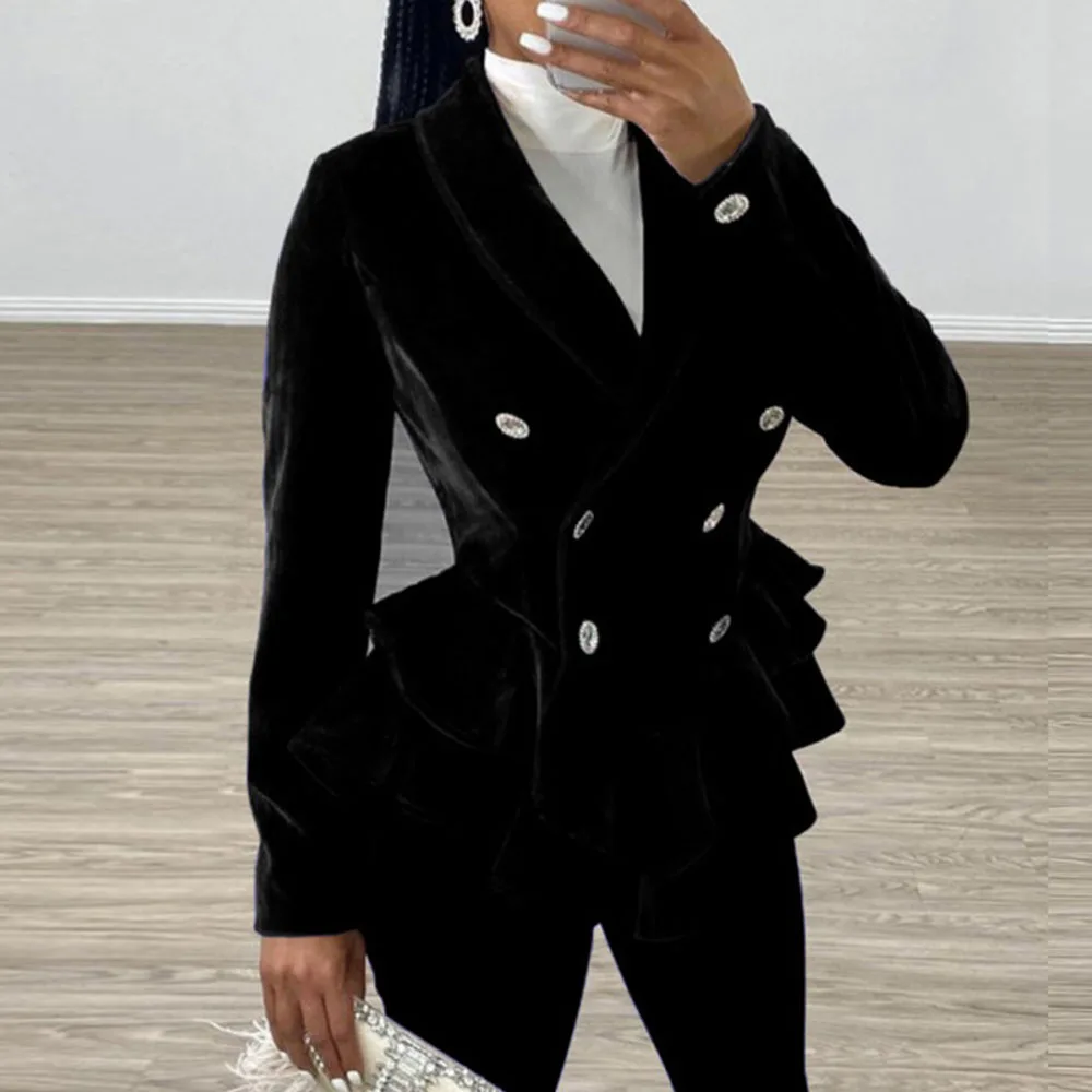 Winter Vintage Red Velvet Women Jackets Elegant Office Ladies Peplum Ruffle Long Sleeve Slim Tailored Coat Female 2019 | Женская одежда