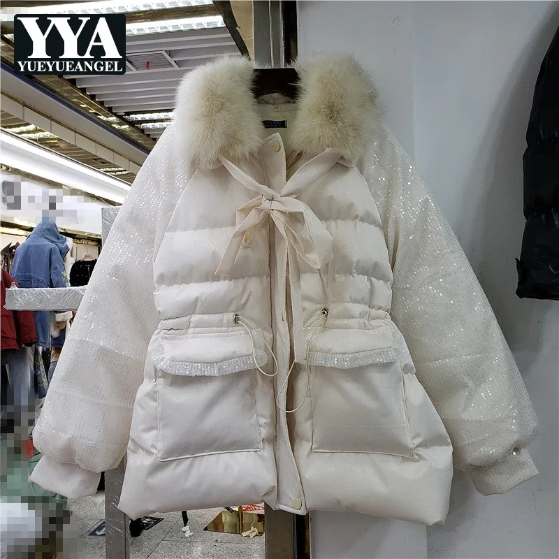 Женская хлопковая куртка с меховым воротником Офисная Белая теплая в Корейском