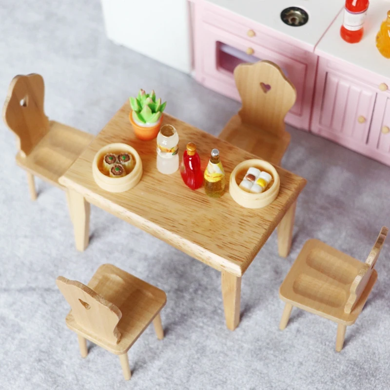 

5Pcs/Set 1/12 Miniature Dollhouse Furniture Wooden Dining Table and Chair Pretend Play Simulation Furniture