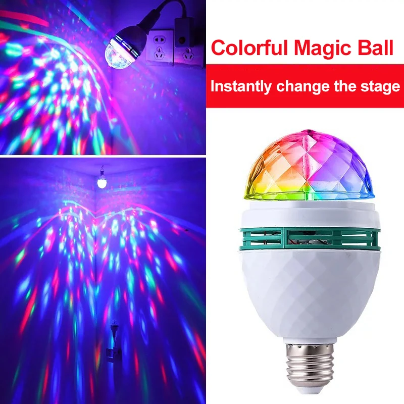 

Светодиодная сцсветильник лампочка RGB E27, светодиодные лампочки 220 В переменного тока, 3 Вт, хрустальный шар, автоматическая вращающаяся сцен...