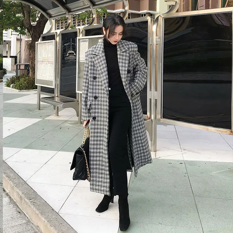 

Plaid Coat Women's New Winter 2020 Korean Version Retro Loose Show Thin Commuter Style Popular Woolen Coat Medium Length Fashion