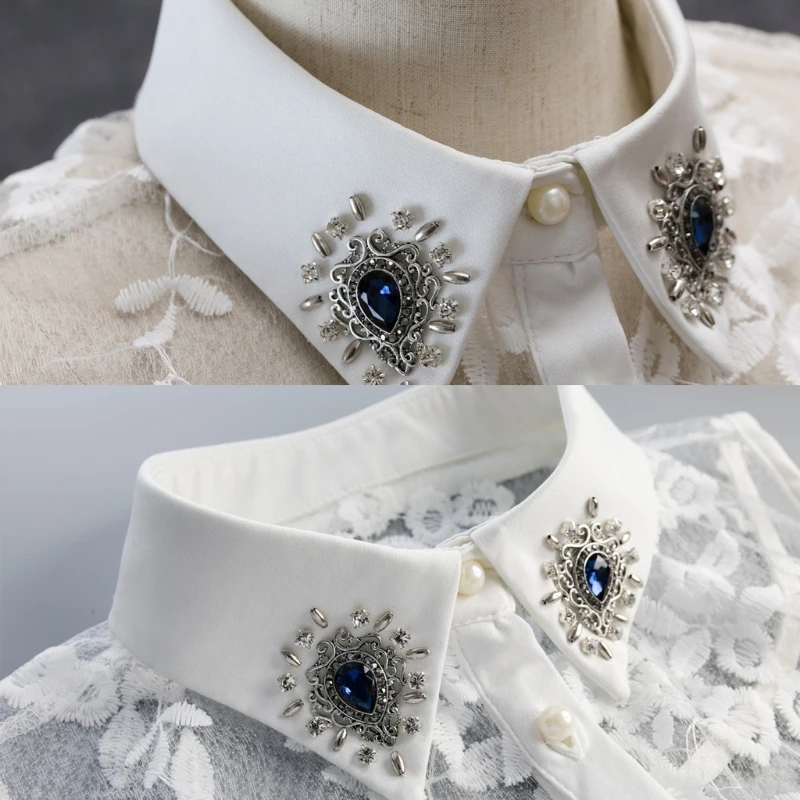 

Women Rhinestone Lace Embroidery Shirt False Collar Detachable Fake Necklace