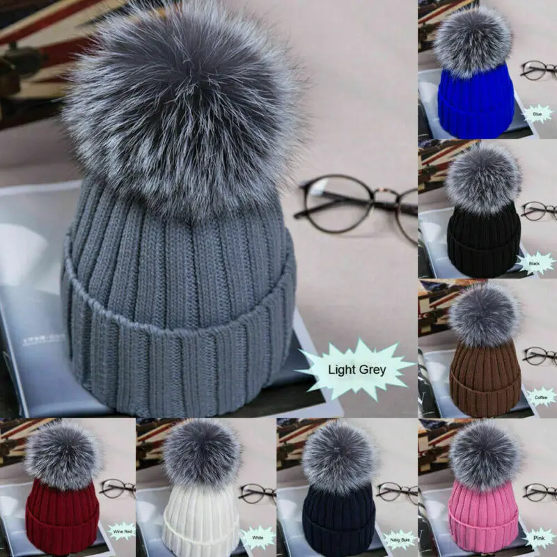 

Women Fur Pom Pom Ball Knit Winter Warm Crochet Baggy Bobble Hat Beanie Beret Ski Cap Warm