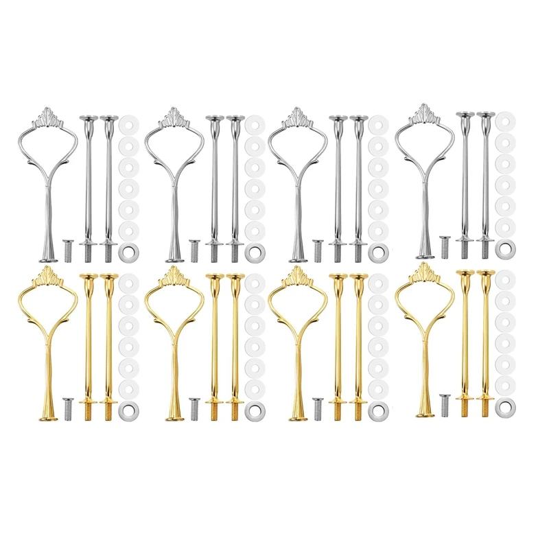 

8 Sets 3 Tier Crown Cake Plate Stand Fittings Hardware Holder Kitchen Gadgets for Wedding and Party - Silver&Golden