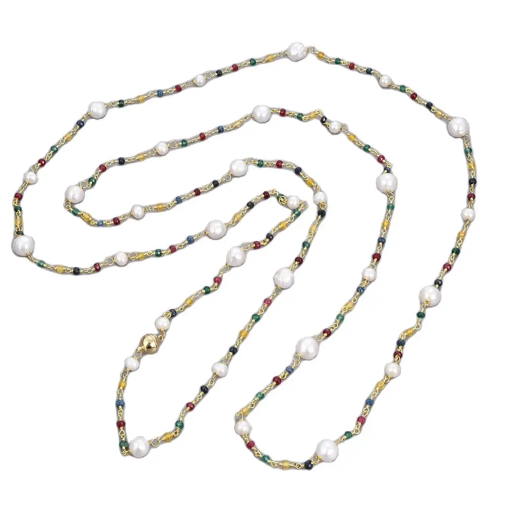 

GuaiGuai Jewelry Natural Pearl Multi Color Faceted Jade White keshi Baroque Pearl Long Necklace