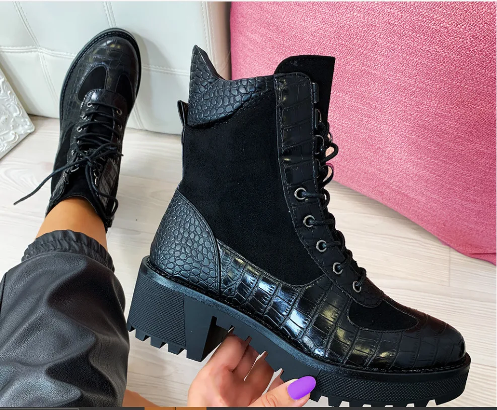

up 2020 new Mid Heel low rise boots square heel 40-43 front lace